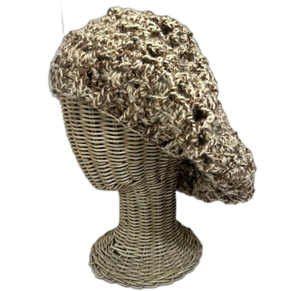 New Handmade Crochet Slouchy Beret Hat Tan Metallic Brown Boho Unisex - Picture 5 of 8